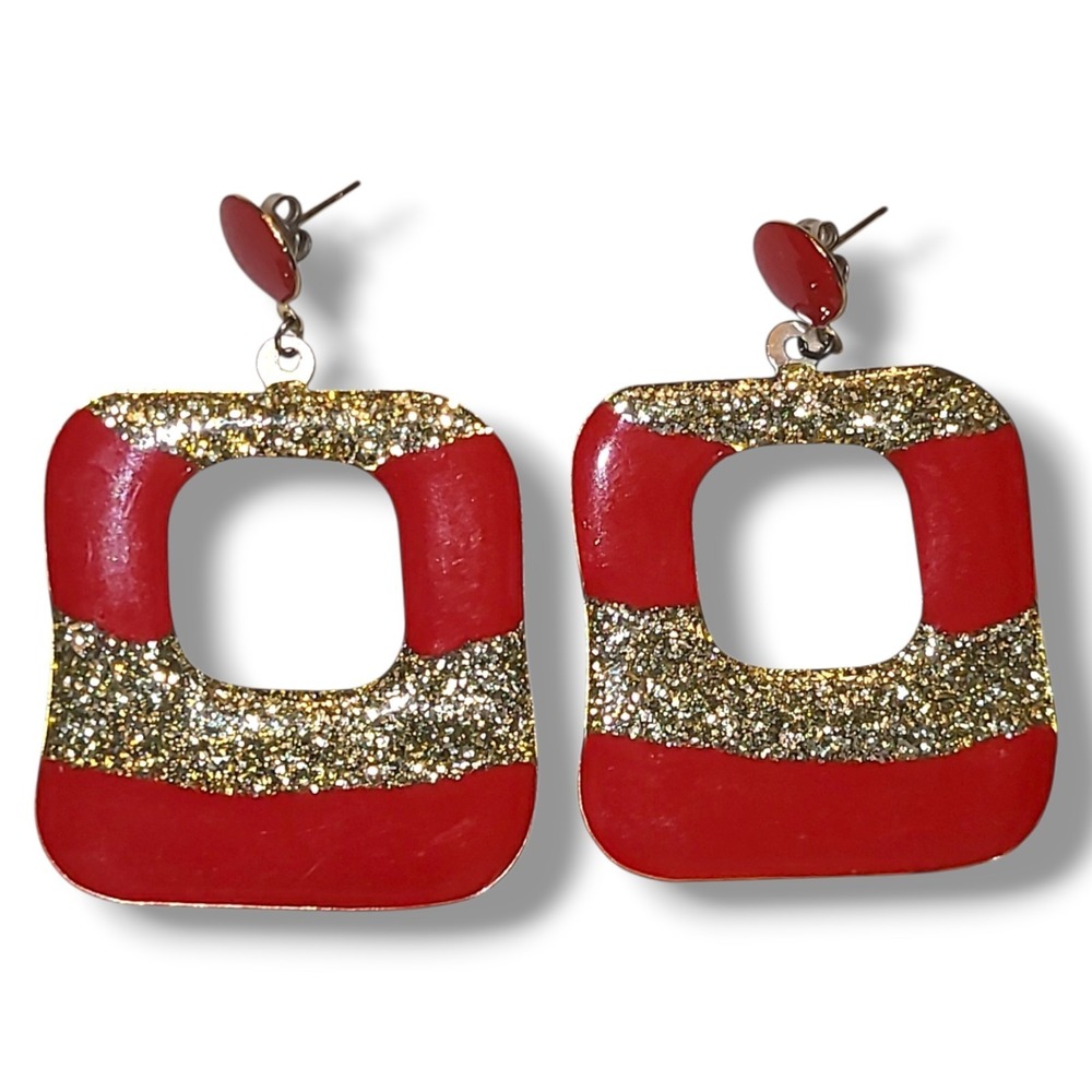 Vintage '80s Big Red & Gold Glitter Enamel Dangle Earrings Pierced